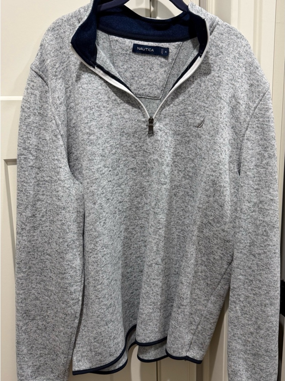 Nautica Men’s Light Heather Gray Quarter-Zip Pullover with Navy Trim
